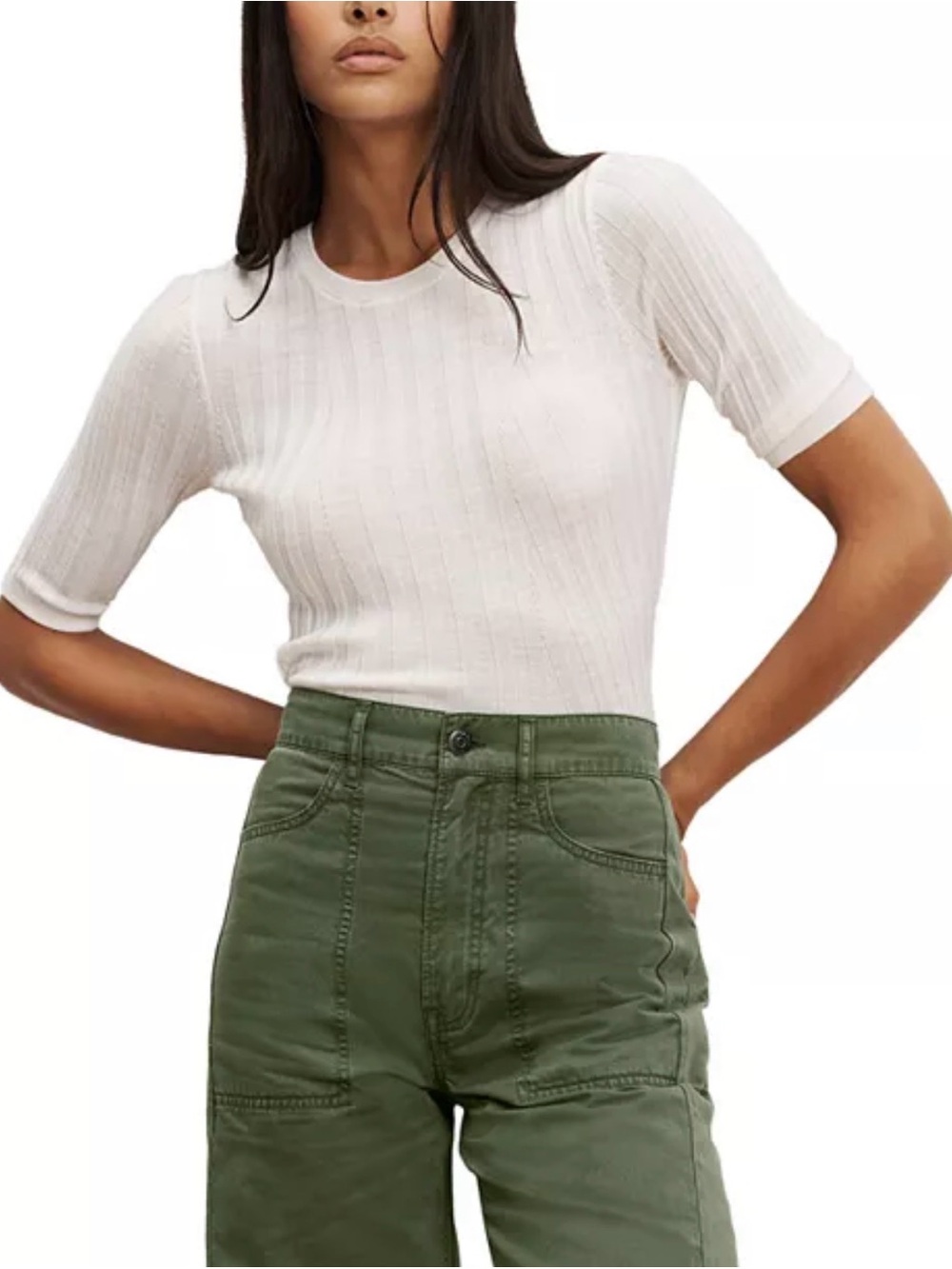 Veronica Beard Debois Ivory Merino Wool Ribbed Pullover NWT S